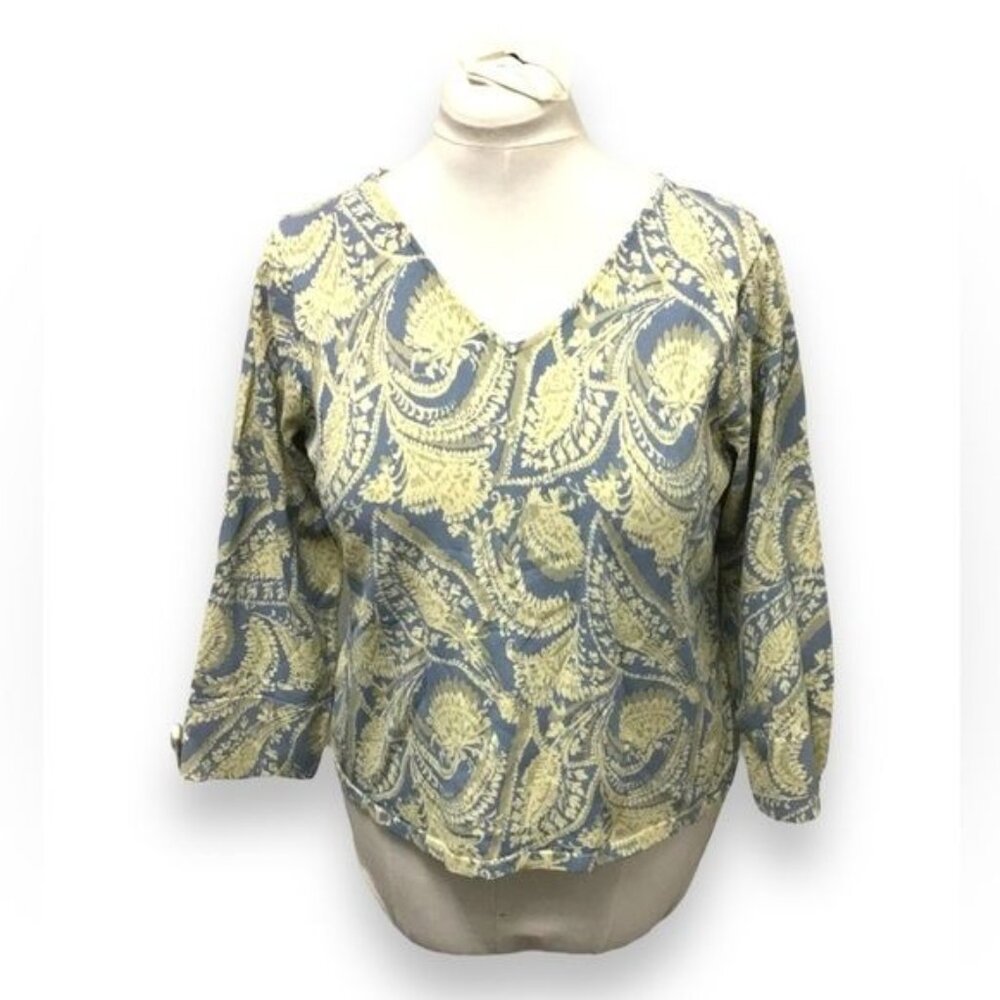 Sigrid Olsen Women’s 3/4 Sleeve V Neck Knit Top Floral Paisley Yellow/Blue XL